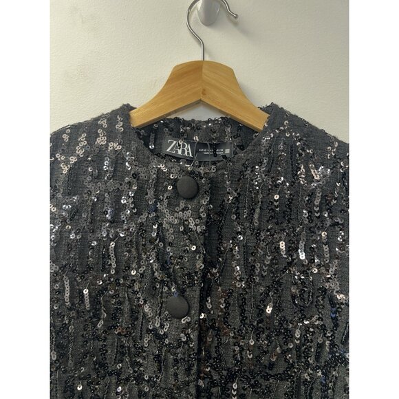 Zara Womens Sequin Jacket Blazer XS Black Fringed Textured New - Picture 9 of 14
